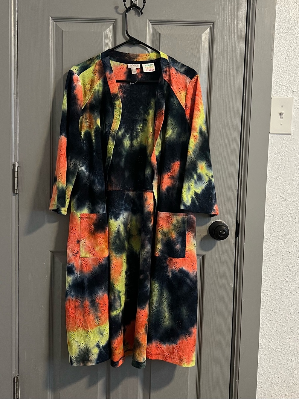 LOGO by Lori Goldstein Black Neon Orange Yellow Tie-Dye Duster Eyelet Beach